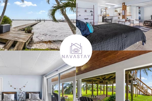 Collage of vacation rental property showing beachfront dock with palm trees, modern bedroom, open-plan kitchen and living area, twin bedroom with ocean view